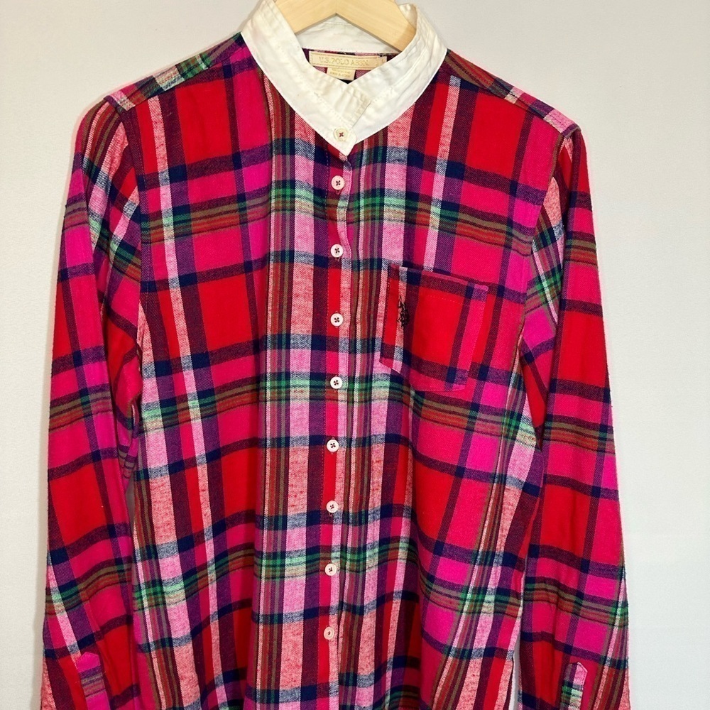 US POLO ASSN Womens Button Down Shirt Long Sleeve Plaid Pony Logo Pocket Size L